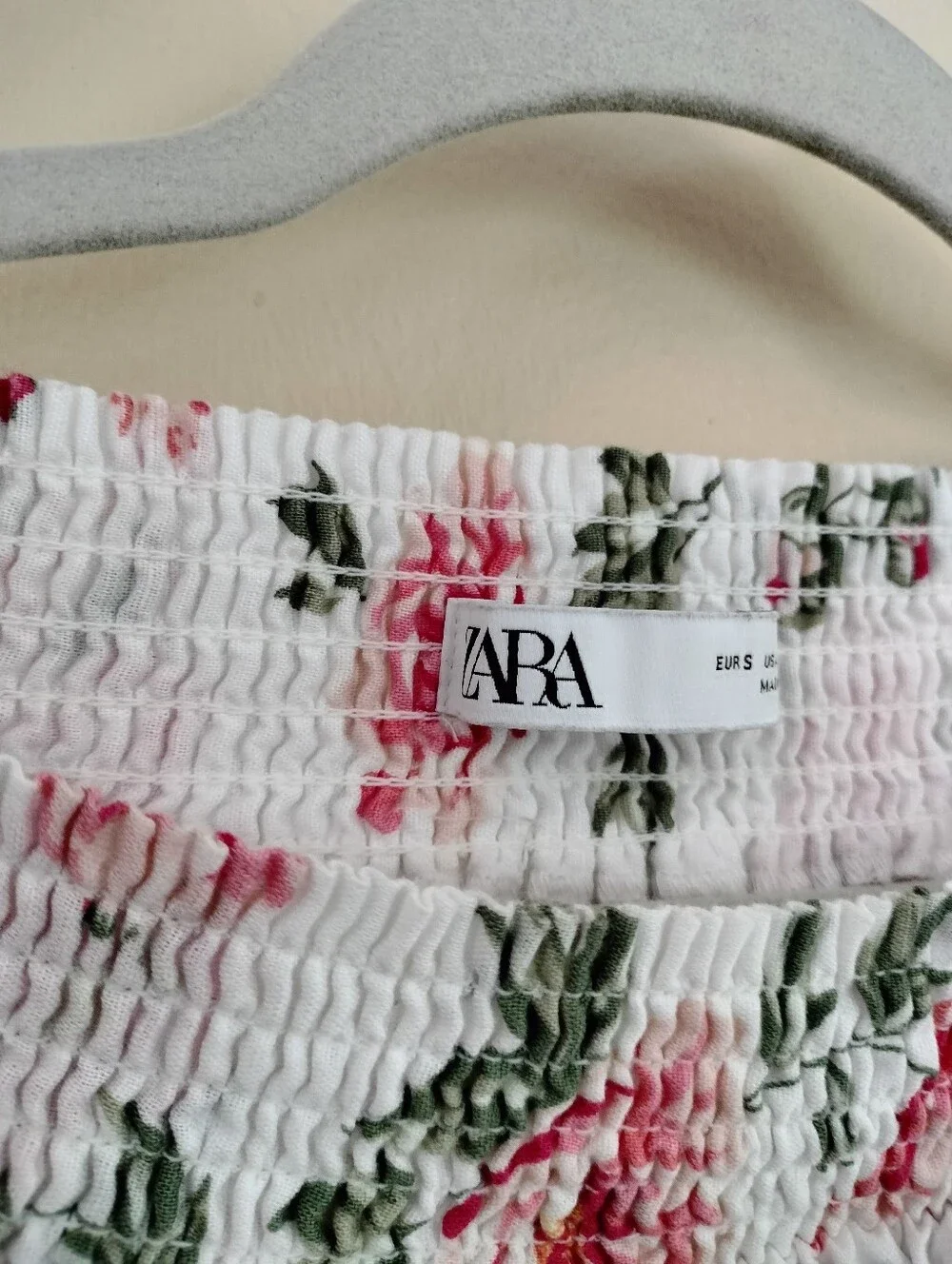 Zara Linen Blend White Pink Floral Relaxed Off-Shoulder Blouse S  Vacation